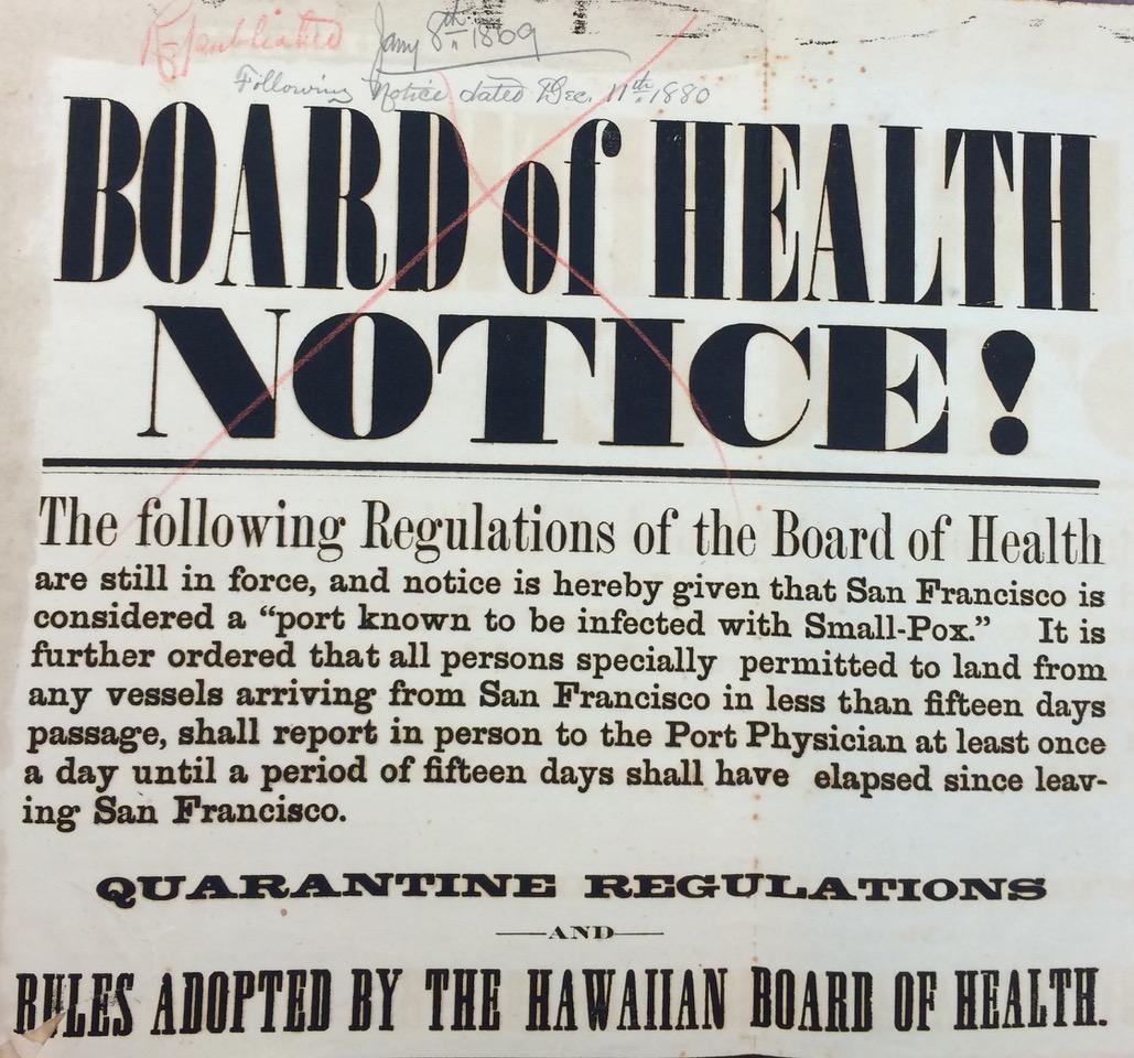 Quarantine regulations issued by the Hawaiian Board of Health, c. 1869.