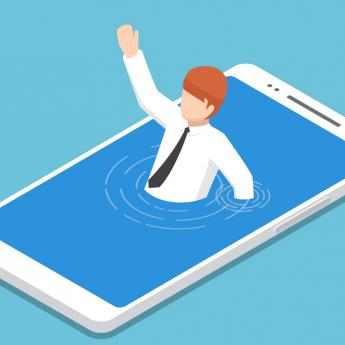 Cartoon figure drowning in smart phone