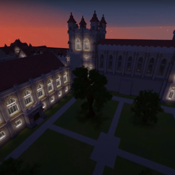 A screenshot of the UChicago's Harper Quadrangle at night, recreated on Minecraft