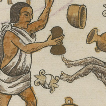 Illustration of man holding object while surrounded by broken pots and dishes. A demon figure lies prone.