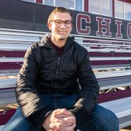 UChicago student Jon Zaghloul, a broadcaster and podcast host, at Stagg Field