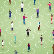 illustration of a field of people standing in circles at a distance