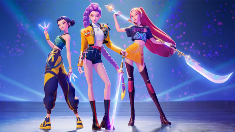 Three stylized, animated female characters in a dynamic, confident pose, set against a vibrant stage-like background with purplish-blue lights and geometric patterns.
