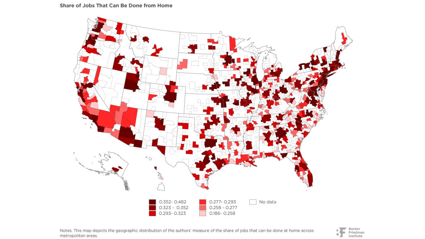 A map of the US shows dark red in places where more people can work from home and lighter red where fewer people can 