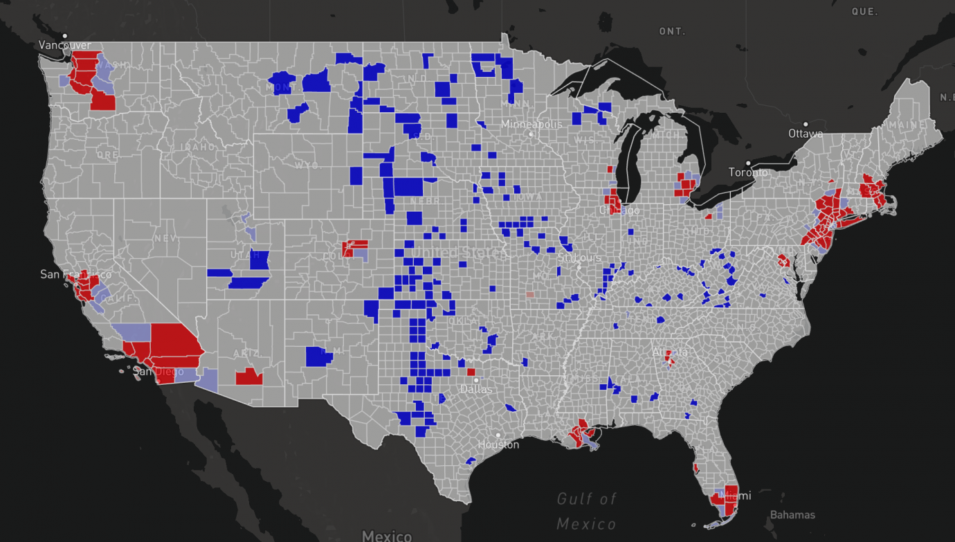 A map shows the largest affected areas in red and growing hot spots in blue, many of which are in the south and midwest