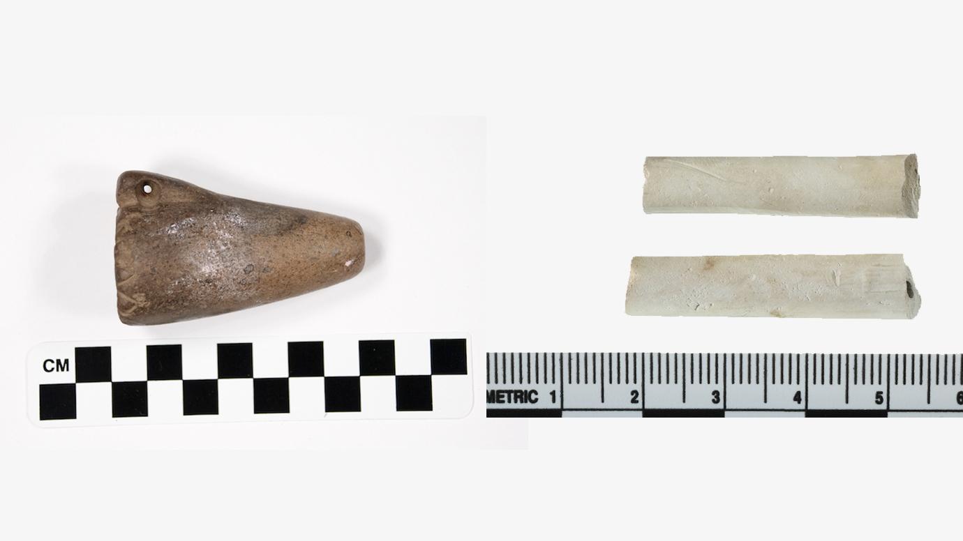 The pipe on the left is brown and cone-shaped. The pipe on the right is white, thin, and straight