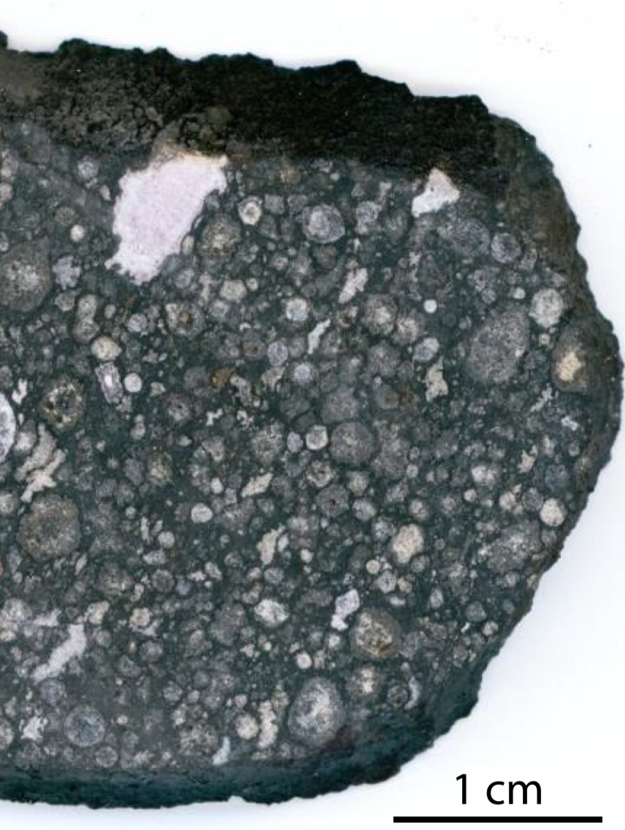 A meteorite with small pieces of material embedded in it 