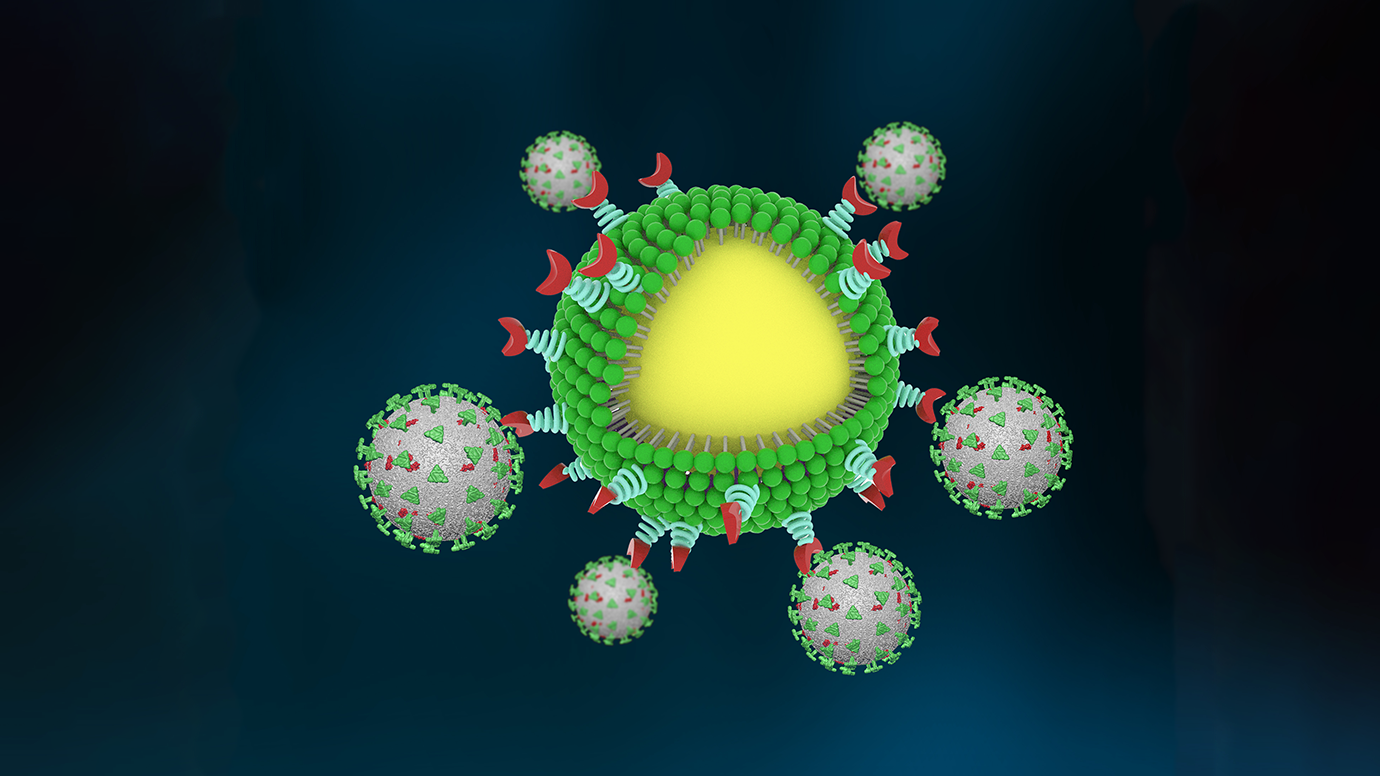 Illustration of Nanotrap with arms grabbing COVID-19 virus particles