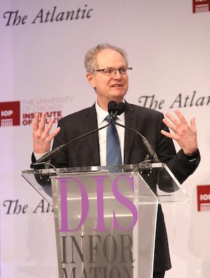 UChicago President Paul Alivisatos delivers welcome remarks on April 6 to open a conference on disinformation co-hosted by the Institute of Politics and The Atlantic