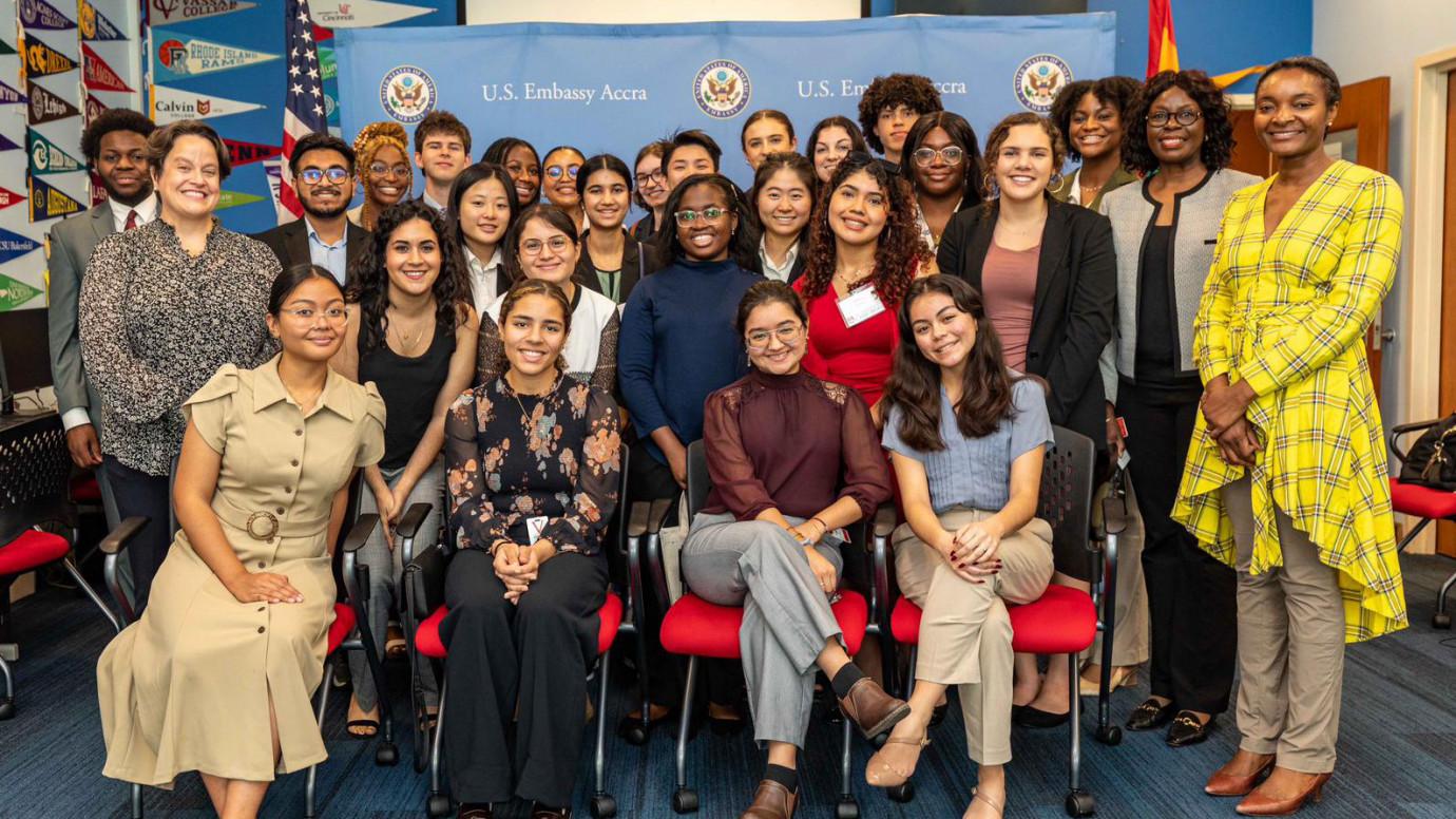 Students pose for a group photo at the U.S. embassy in Accra, Ghana. 