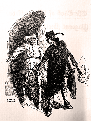 Black and white line drawing illustration of a man in black holding a torch blocking a man dressed in a jester's outfit