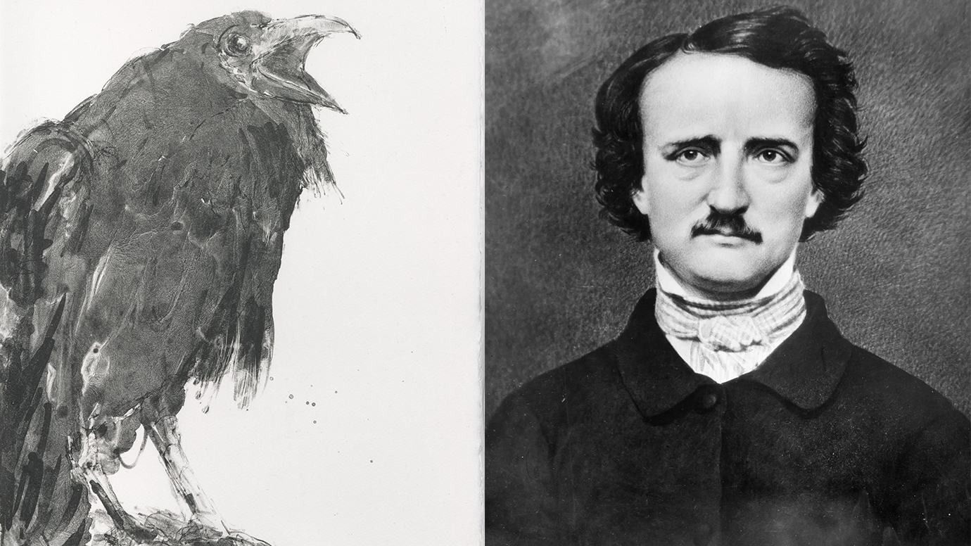 Left image is a illustration of a raven. The right image is a black and white portrait of Edgar Allan Poe.