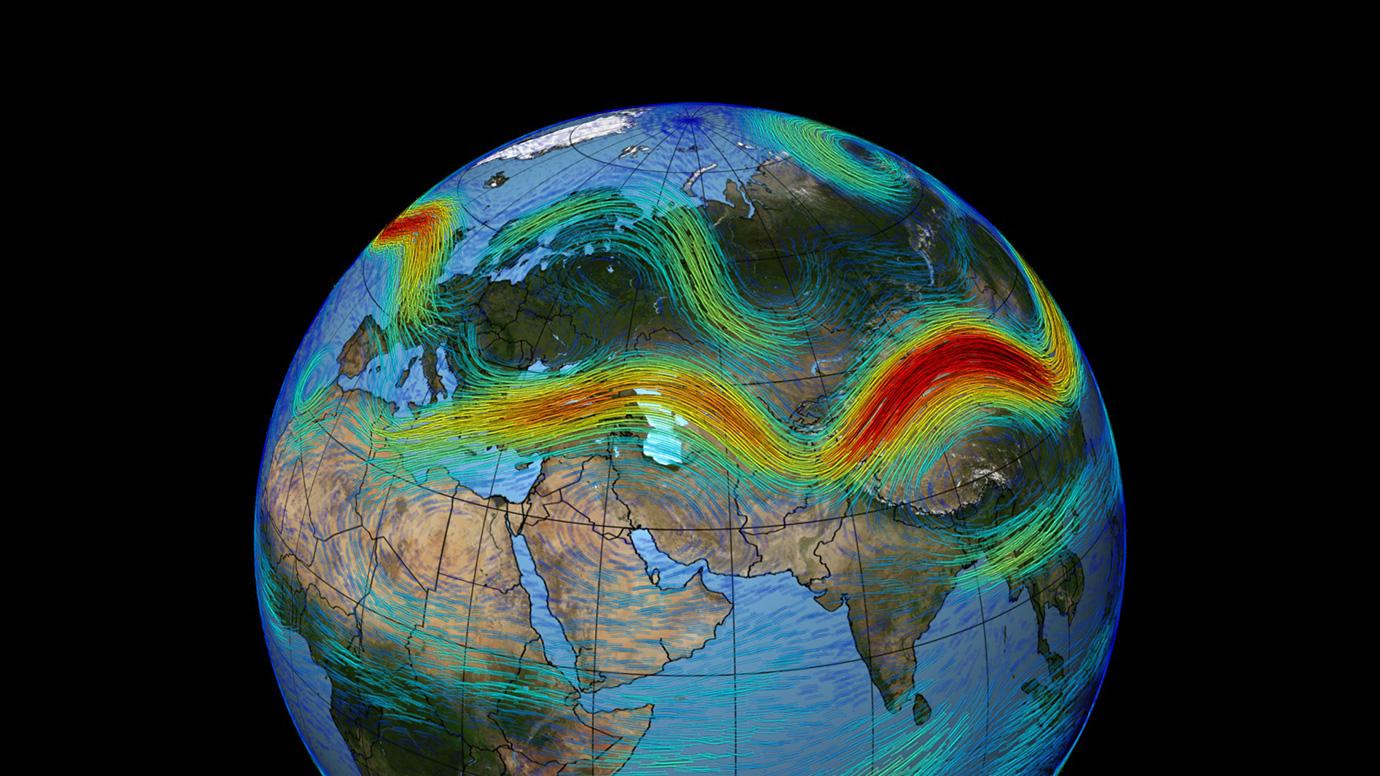 Image of the globe with the Western Hemisphere Eurasian continent facing front, with colored bands to indicate jet streams moving across the surface of the Earth