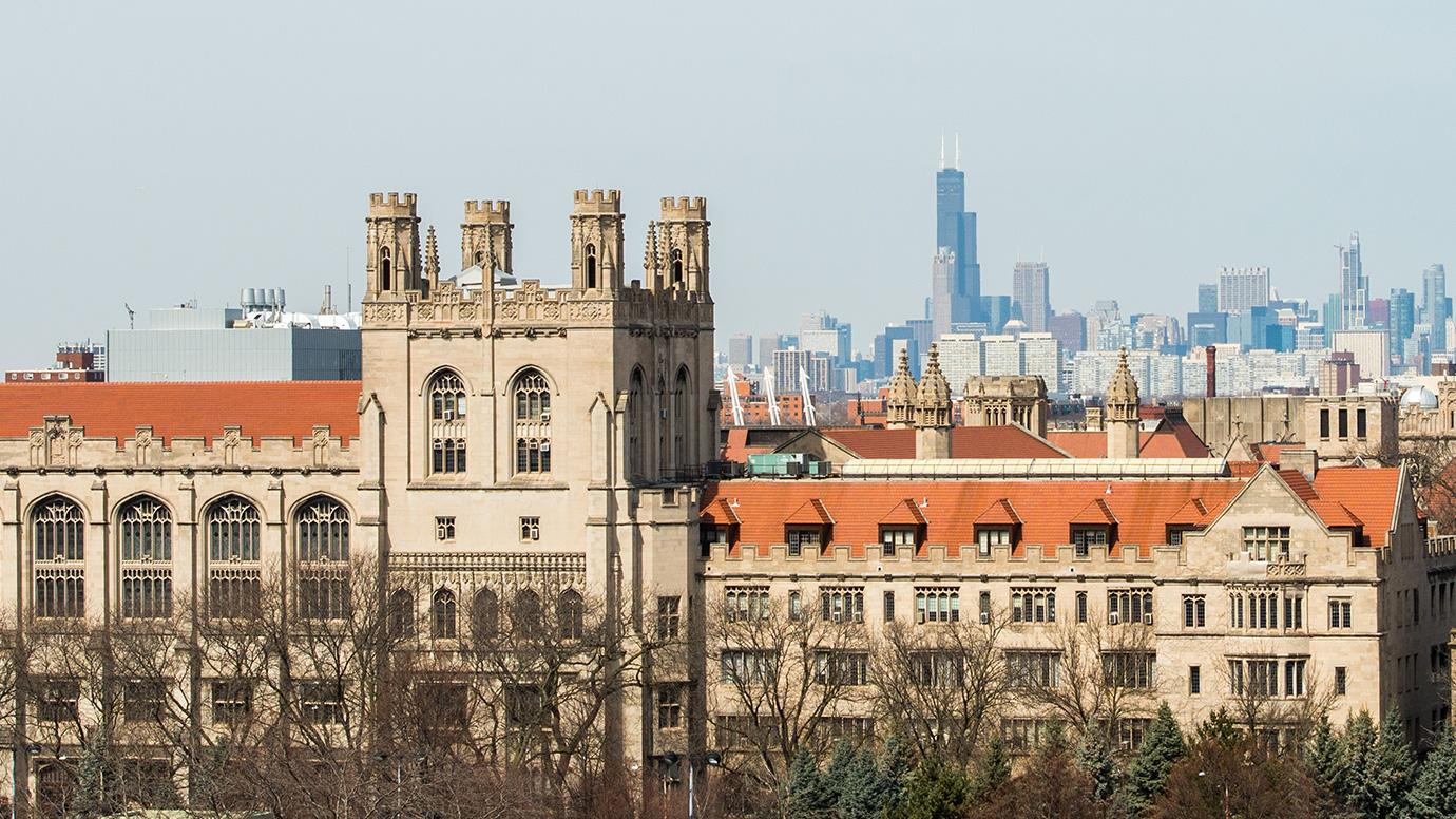 UChicago campus with city skyline in the background