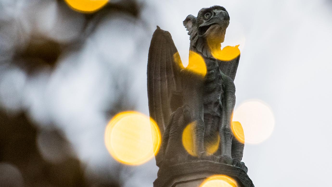 Photograph of a gargoyle statue on the campus of the University of Chicago with out-of-focus lights around it