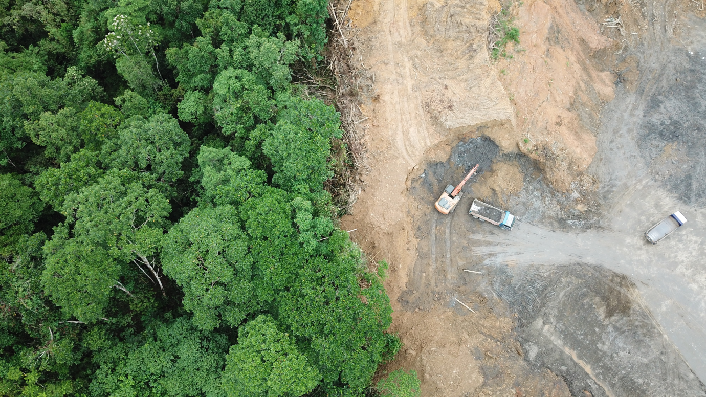 overhead aerial photograph showing forest to the left, and a cleared area with pale soil and runoff and several trucks to the right
