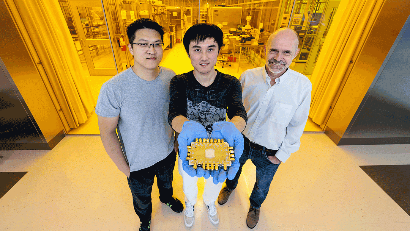 From left: Haoxiong Yan, Xuntao Wu, and Prof. Andrew Cleland.