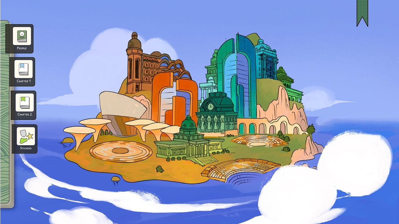 Colorful cartoon island with diverse architectural buildings, amphitheaters, and abstract shapes, floating in a blue sky with white clouds.