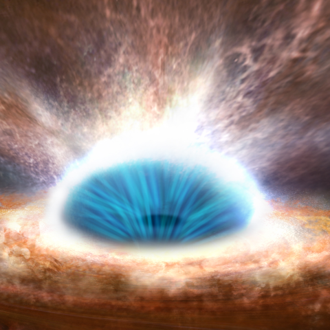 artist's conception of a black hole, a ring of matter surrounds a center that is hurling out light