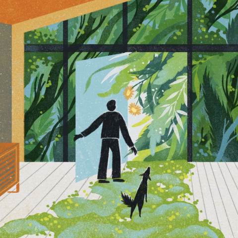 A cartoon drawing shows an individual and their dog leaving the house to step into a forest