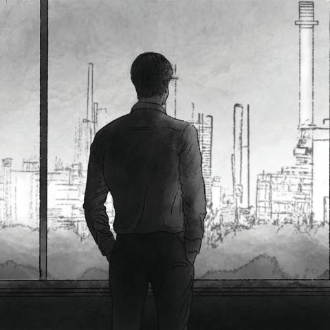 An illustration in black and white shows a man staring out a window at an industrial landscape