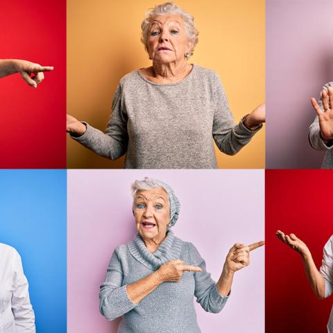 A collage of a woman posing with various hand gestures