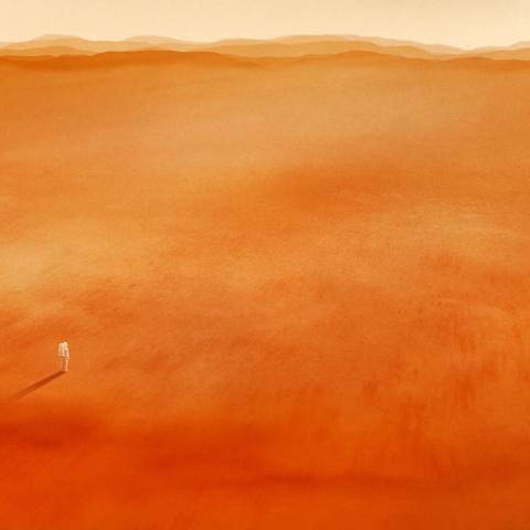 Illustration depicts a vast orange desert, marked by a lone astronaut in white staring into the horizon