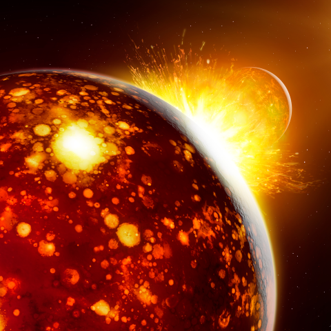 Artist's illustration showing a fireball slamming into a hot lava covered planet. The sun is visible in the background.