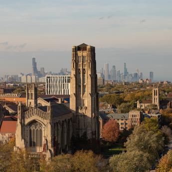University of Chicago campus with the Chicago skyline in the background