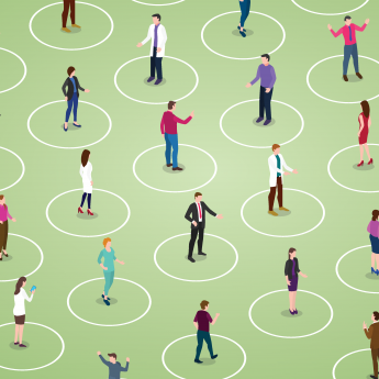 illustration of a field of people standing in circles at a distance