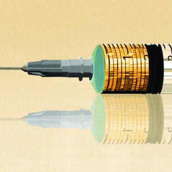 Illustration of a vaccine syringe filled with coins