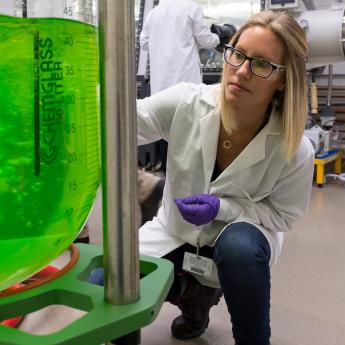 Argonne scientist Jessica L. Durham conducts research inside the Materials Engineering Research Facility