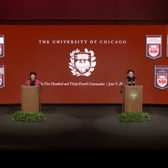 Provost Ka Yee C. Lee (left) and President Robert Zimmer (right) speaking to the Class of 2021 at the 534th Convocation virtual ceremony.