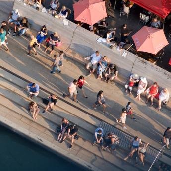 Aerial view of people socializing on Chicago's Riverwalk