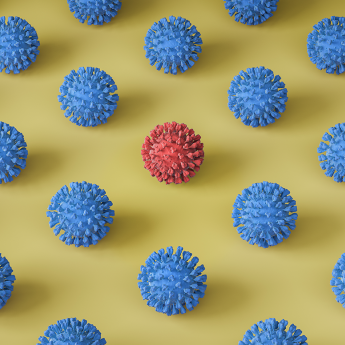 Illustration symbolizing SARS-CoV-2 variants, with a red spiked ball surrounded by blue spiked balls on a yellow background