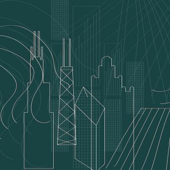 Illustration of a city skyline, with buildings drawn in white lines on a teal background