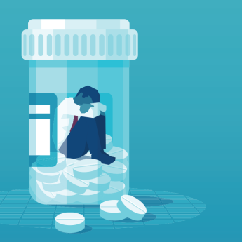 Illustration of a man stuck inside a pill bottle