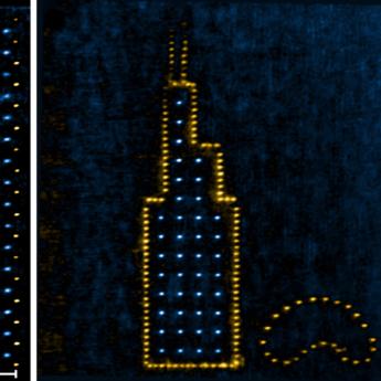 Left: A hybrid array of cesium atoms (yellow) and rubidium atoms (blue). Right: The customizability of the researchers’ technique enables them to place the atoms anywhere, allowing them to create this image of Chicago landmarks Willis Tower and the Cloud Gate. 