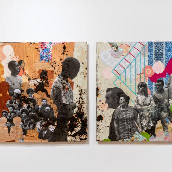 A mixed media piece of 2D art by Delano Dunn hanging on a wall. The diptych uses collage cutouts of Black individuals on one side and angry looking white individuals on the other. 