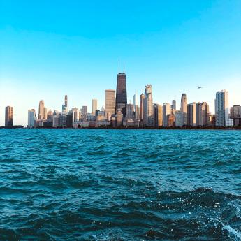 The Chicago skyline foregrounded by Lake Michigan