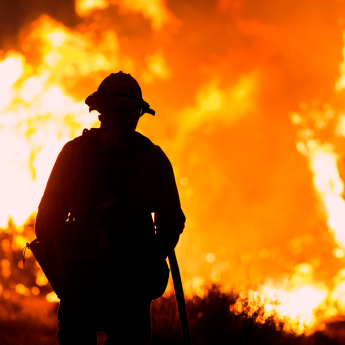 A firefighter looks toward a wildfire