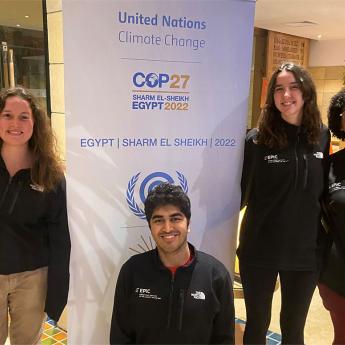 (L to R) Four students in the College, Zoë Saldinger, Adera Craig, Raghav Pardasani, Elizabeth Zazycki, along with Sativa Volbrecht AB’20, campus engagement manager for the Energy Policy Institute, traveled to Egypt for the 27th Conference of the Parties of the United Nations Framework Convention on Climate Change.