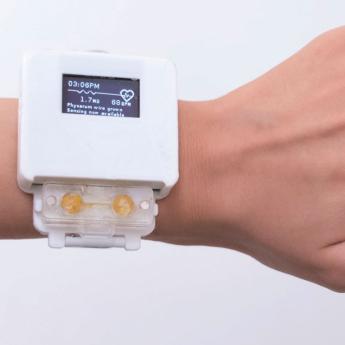 A person wears a newly designed smart watch created by UChicago researchers that is powered by a slime mold.