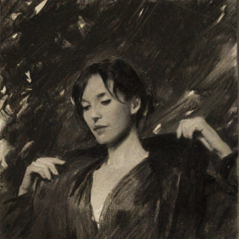 Sepia toned art of a woman holding a cloak over her shoulders