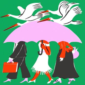Three women walk beneath an umbrella while storks fly overhead