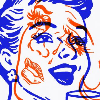Artist's illustration of a woman laughing drawn in blue and red