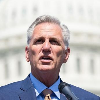 Speaker Kevin McCarthy delivers a speech in front of the Capitol Building
