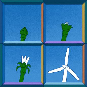 Three panels showing the blossoming of a flower, then a fourth depicting a wind turbine