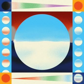 Artist rendering of bright ice, a blue and white circle surrounded by two bars containing circles of varying hue 