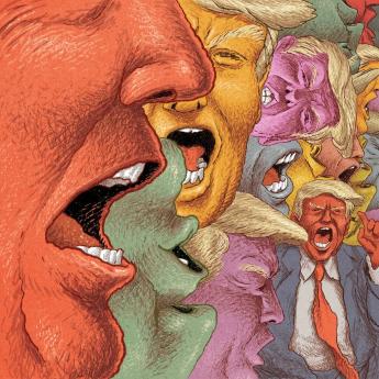 Artist's rendering shows approximately a dozen versions of Donald Trump layered over one another in varying colors and positions